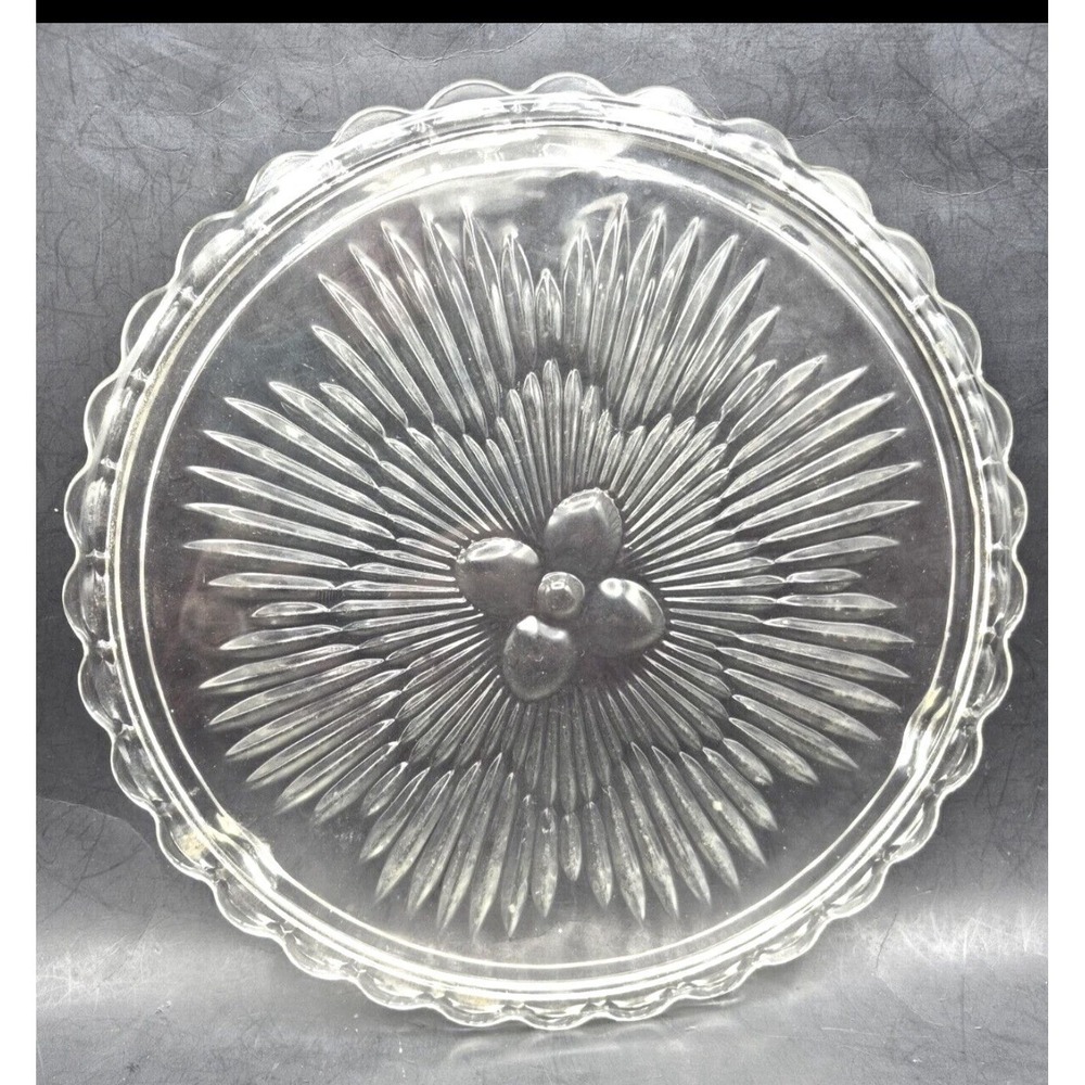 Vintage 70s Indiana Glass Footed Cake Plate Floral Sunburst 11"